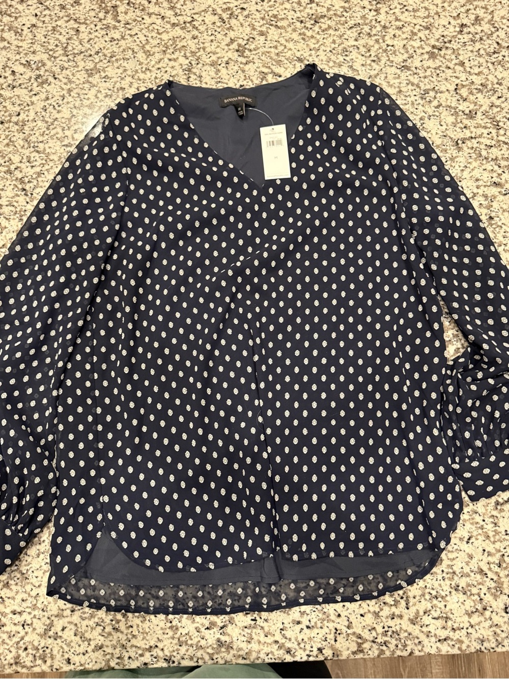 Banana Republic Navy and White Dot V-Neck Blouse